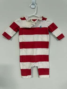 Baby Girls RALPH LAUREN Sz 6m Red White Stripe One Piece Romper Ruffle Collar